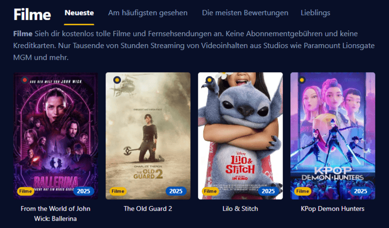Bildschirmfoto der Benutzeroberflaeche von Einschalten die eine moderne Streaming-Plattform mit Filmen und Serien anzeigt